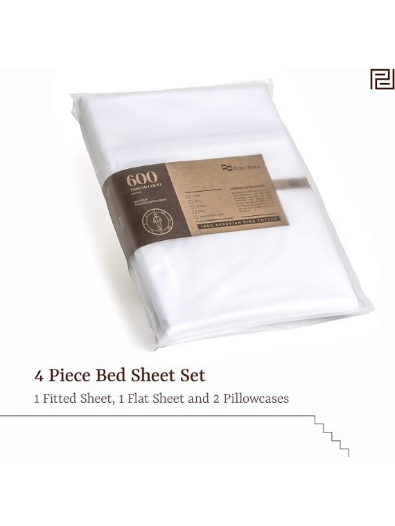 Queen Size Thermoregulating Bed Sheet Set, 4 Piece Bedding, 600 Thread Count, Breathable & Cooling Sheets, Sateen, 100% Peruvian Pima Cotton, White