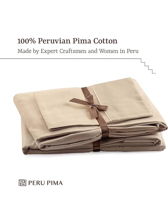 King Size Thermoregulating Bed Sheet Set, 4 Piece Bedding, 600 Thread Count, Breathable & Cooling Sheets, Sateen, 100% Peruvian Pima Cotton, Latte