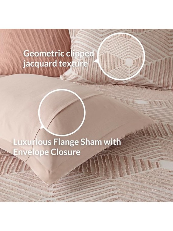 King Comforter Set Geometric Cotton Comforters Farmhouse with Clipped Jacquard, All Season, Down Alternative Lightweight & Fluffy Bedding, Matching Shams, Ellipse, King/Cal King, Blush 3 Piece