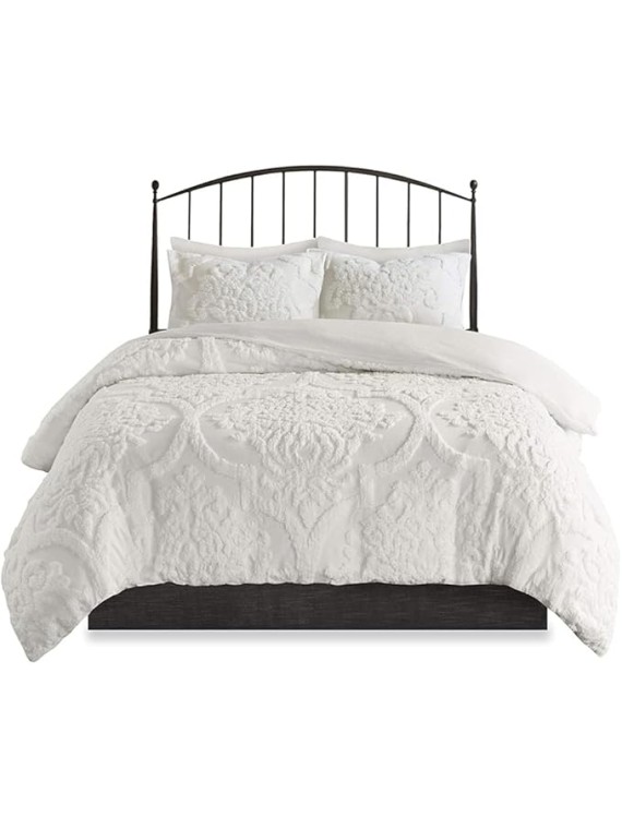 3pc Tufted Damask Chenille Design Cotton Comforter Lightweight with Matching Shams All Season Bedding Set, King/Cal King(104"X92"), Off White