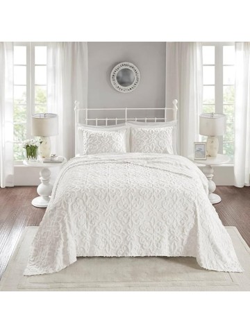 Cozy and Charming 3 Piece Cotton Chenille Bedspread Set for King/Cal King Beds, Tufted Floral Medallion Design, Off-White
