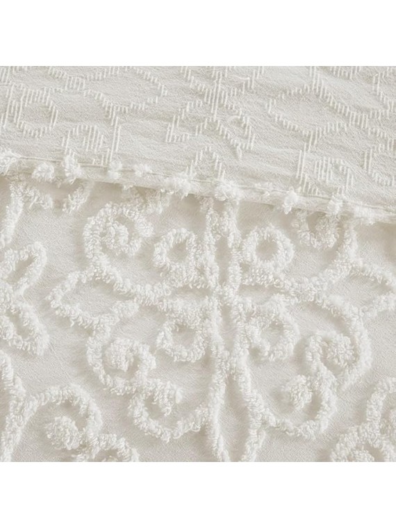 Cozy and Charming 3 Piece Cotton Chenille Bedspread Set for King/Cal King Beds, Tufted Floral Medallion Design, Off-White