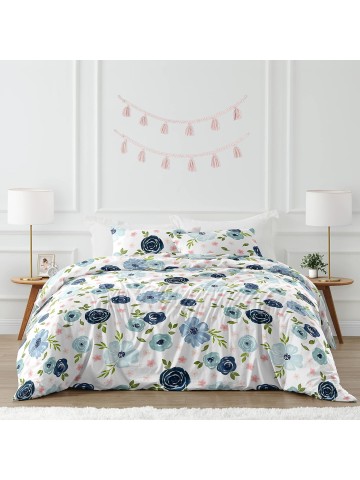 Navy Blue and Pink Watercolor Floral Girl Full/Queen Size Kid Childrens Bedding Comforter Set - 3 Pieces - Blush, Green and White Shabby Chic Rose Flower