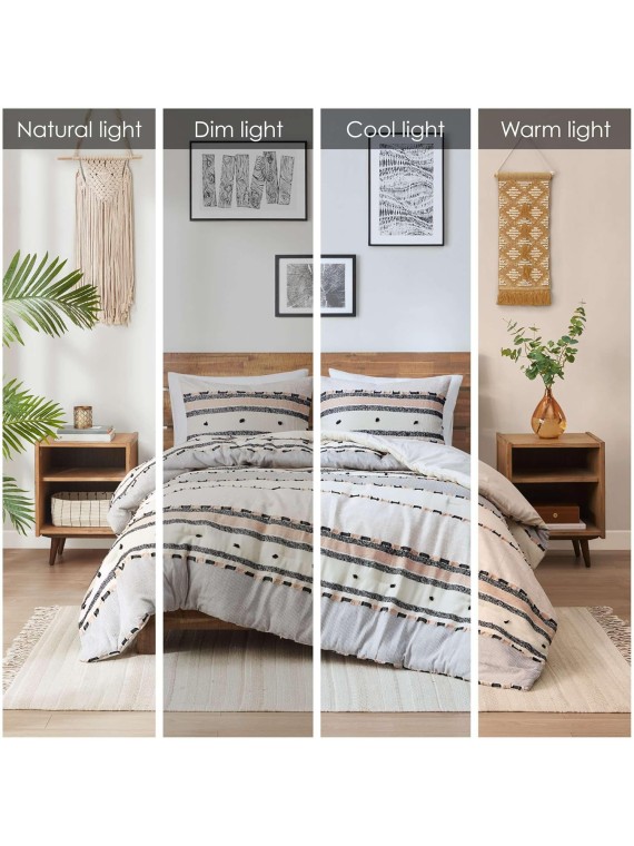 Modern Farmhouse Comforter Set King, Boho Tufted Bedding, Cotton Top with Neutral Rustic Style Clipped Jacquard Stripes Bed Sets, 3-Pieces Including Matching Pillow Shams (104