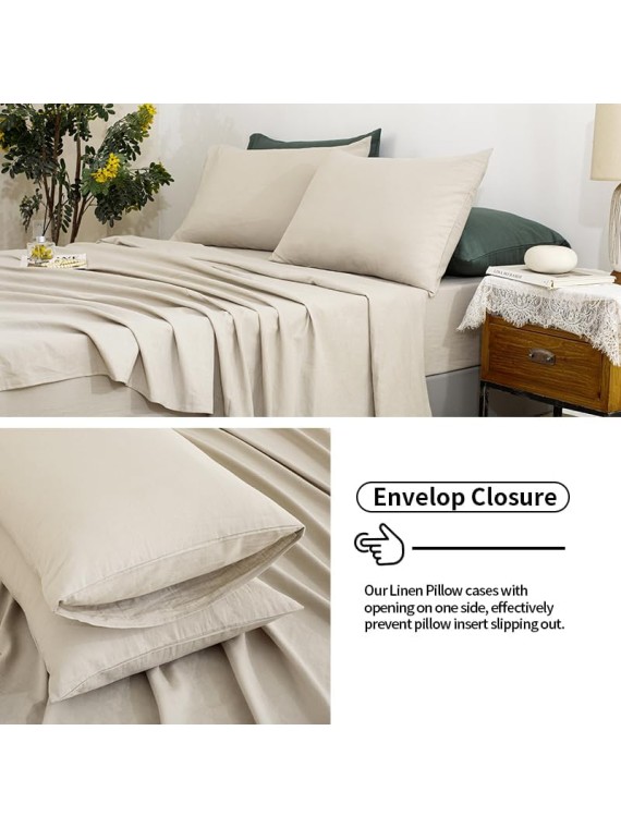 Linen Sheets Queen Size-100% Linen Bed Sheets Set Queen Size, 4Pcs Washed French Flax Linen Sheets Set with Durable Deep Pocket Fitted Sheet & Flat Sheet & 2 Pillowcases, Natural Linen Queen