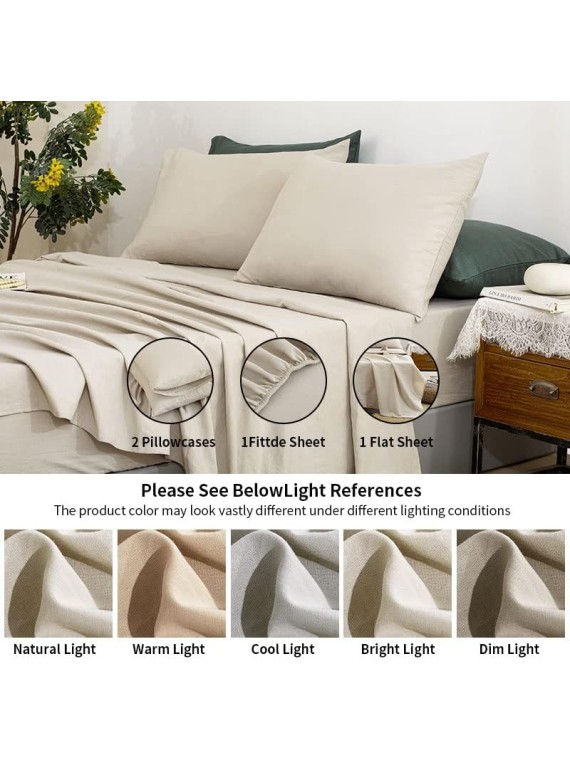 Linen Sheets Queen Size-100% Linen Bed Sheets Set Queen Size, 4Pcs Washed French Flax Linen Sheets Set with Durable Deep Pocket Fitted Sheet & Flat Sheet & 2 Pillowcases, Natural Linen Queen