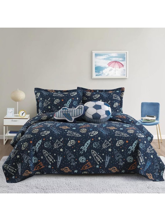Quilt Queen Size - 100% Cotton Reversible Bedspread Bedding Set for Kids Teens Boys, Rockets Outer Space Planets Pattern Printed Blue Coverlet, 1 Comforter + 2 Pillow Shams