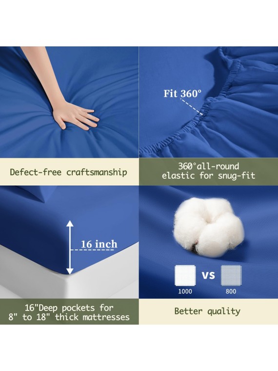 100% Egyptian Cotton Sheets King Size,1000 Thread Count Luxury Heavy Bed Sheets Set,Very Smooth Soft with 18" Deep Pocket Sheets 4 Pc Sets(Ocean Blue, King)