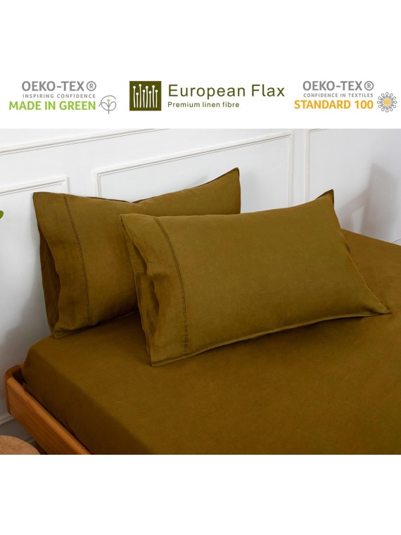 100% French Linen Sheets Set-Queen Size,Stone Washed Natural Flax 4Pcs(2 Pillowcases,1 Fitted Sheet,1 Flat Sheet) Ultra Soft Breathable Bedding Set,Ecru Olive