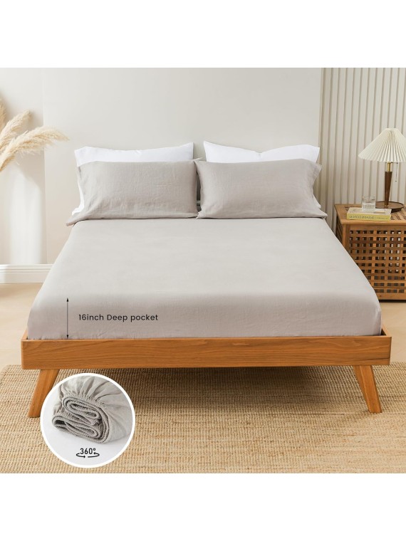 100% French Linen Sheets Queen Size, Stonewashed Pure Linen Bed Sheets with 16" Deep Pocket, Cooling Durable 4 Pcs Flax Linen Bedding Sheets & Pillowcases