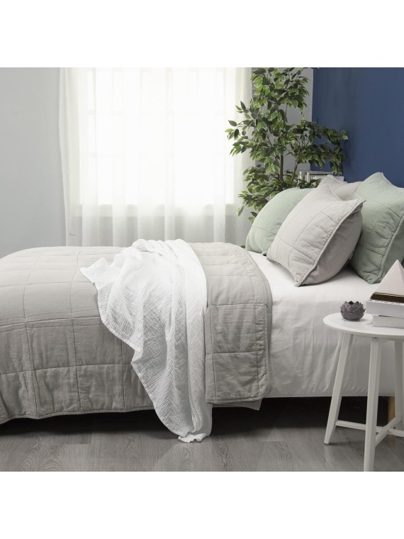 Stonewashed Linen Blend Box Stitch Quilt and Matching Pillow Shams 3pcs Set, Queen Size, Grey Color